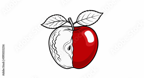 Half red apple, half line drawing, with two leaves