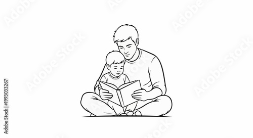 Father and child read a book together, sitting cross-legged