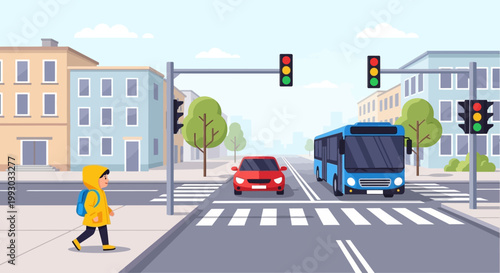 Child crossing street at crosswalk with school backpack, cars and bus at traffic light