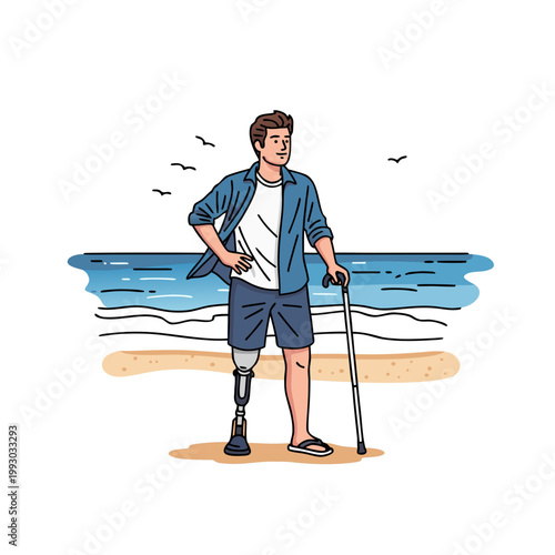 Young man with prosthetic leg standing on beach with cane  
