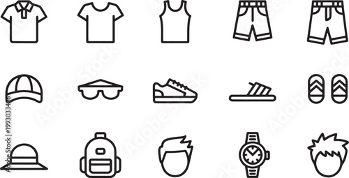 Garment icons represent a curated selection of essential summer wear, including shirts, shorts, and footwear, organized for clear visual communication in commercial design layouts.