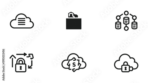 Cloud computing Icons: An array of minimalist icons presents the key elements of cloud computing. This image evokes a sense of modern technology and the digital age.