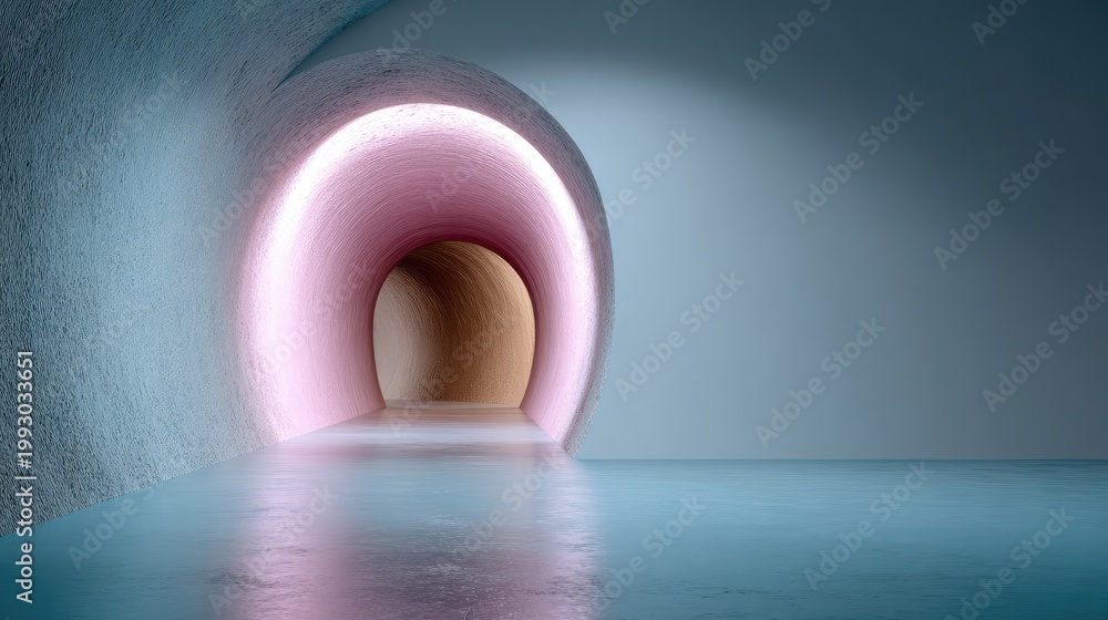 Fototapeta premium Modern abstract tunnel with soft lighting and smooth floor, featuring colorful hues and minimalist design elements in a serene environment
