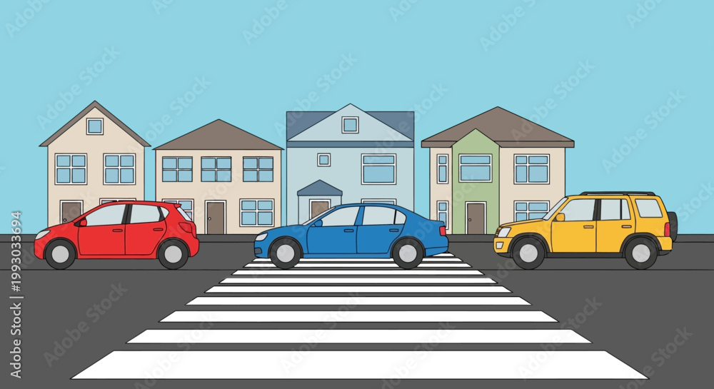 Obraz premium Cars crossing at a pedestrian zebra crossing in front of houses