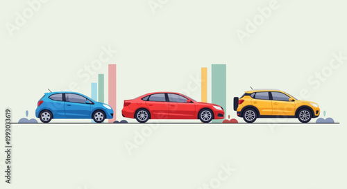Cars Comparison: Blue, Red, Yellow Vehicles with Bar Chart Background