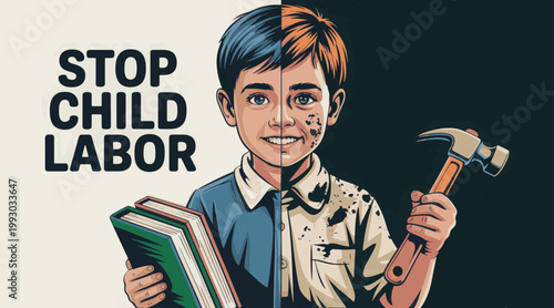 Boy split into two versions shows a student with a textbook on one side and a laborer holding a hammer on the other to advocate for ending child labor.