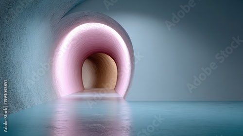 Modern abstract tunnel with soft lighting and smooth floor, featuring colorful hues and minimalist design elements in a serene environment