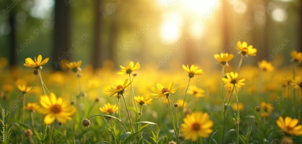 Obraz premium Field of small yellow wildflowers bathed in warm sunlight. Tall green grass and trees form a soft blurred background. Nature scene creates peaceful calm mood, beautiful floral background.