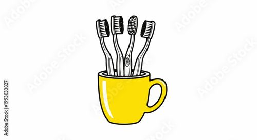 Four toothbrushes in a yellow mug