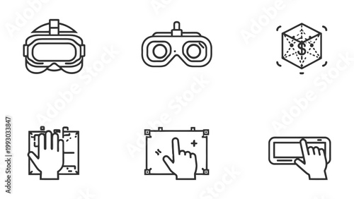 Virtual Reality Tech: Modern icons of virtual reality and augmented reality. Visual representation of VR goggles, AR device, touching interfaces.