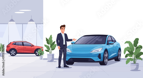 Car Dealership: Salesman Presents Blue Electric Car, Red SUV in Showroom