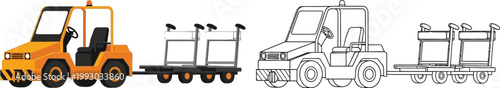 Orange airport tug towing baggage carts flat vector illustration with outline version for design