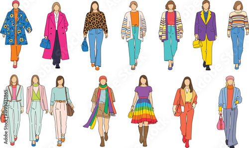 Stylish Women Fashion Illustration Set Featuring Trendy Outfits, Modern Clothing, Colorful Street Style Looks, and Elegant Female Characters for Design Projects.