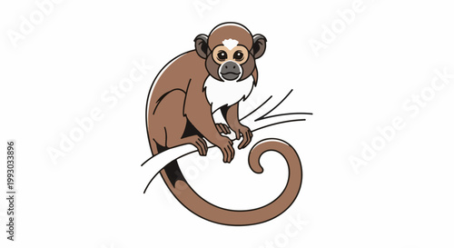 Cartoon monkey with brown fur and white chest perched on a branch