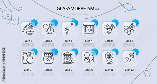 Honey beekeeping set icon. Beehive branch, bee insect, honey dipper stick, honey frame box, flying bee, jar dipper, dripping pot, honeycomb cells, apiary house, wax comb