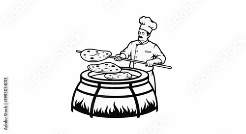 Chef with tandoor oven and naan bread, black and white illustration
