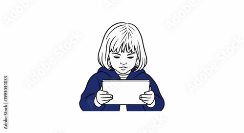 Child engrossed in a digital tablet, eyes focused downward