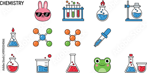 Chemistry icons set with laboratory glassware molecules test tubes and cute elements for science education illustration