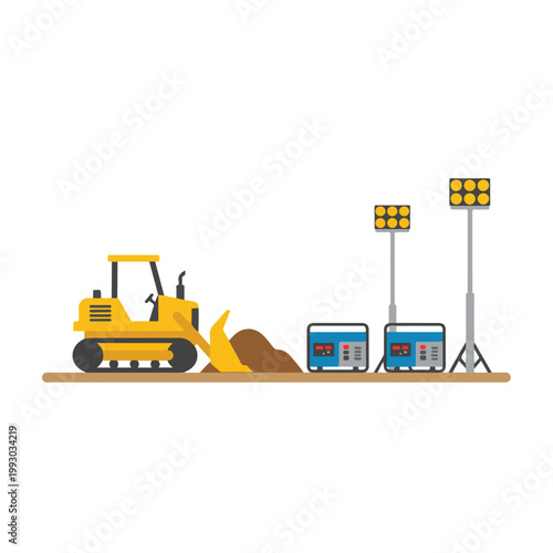 A flat vector illustration depicts a construction site scene with a yellow bulldozer, two blue power generators, and two tall tripod floodlights.