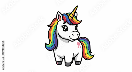 Cute cartoon unicorn with rainbow mane and tail, pink hearts
