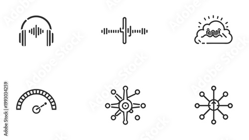 Tech Icons: A set of six modern, minimalist icons representing technology-related concepts and functionalities.
