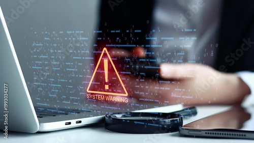 Warning sign appears on computer screen as user interacts with keyboard during system check.