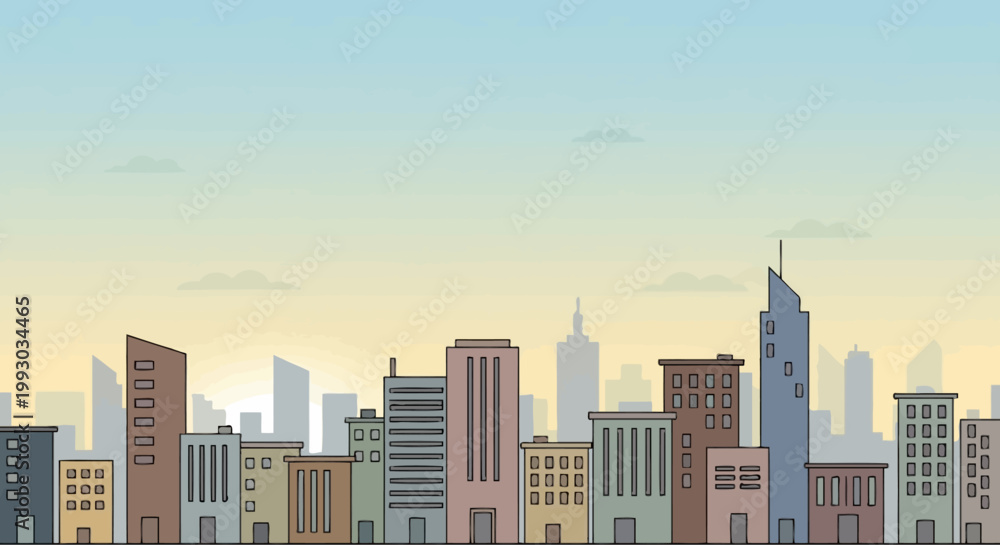 Fototapeta premium Cartoon cityscape at sunrise with various buildings and a pastel sky.