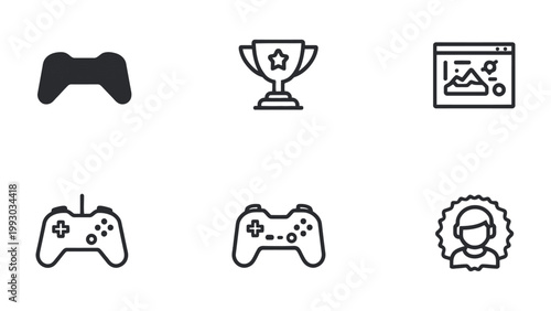 Game Icon Collection: Set of gaming and victory icons, illustrating diverse elements such as a gamepad, trophy, web design, and gamer profile, ideal for interface design and thematic illustration.
