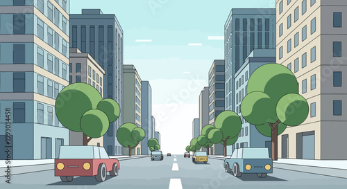 Cartoon city street with cars and trees, urban landscape, flat design