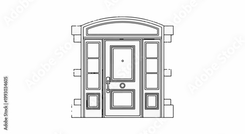 Elegant front door with arched transom and decorative side panels