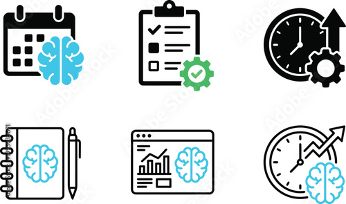 Time management and productivity icons calendar checklist clock and brainstorming concepts