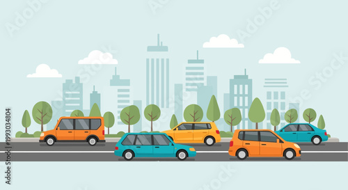 City traffic jam with colorful cars on road, urban skyline background, flat design