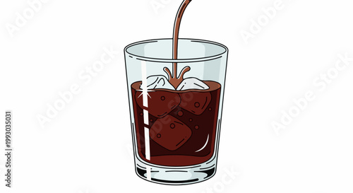 Dark liquid poured into a glass filled with ice cubes