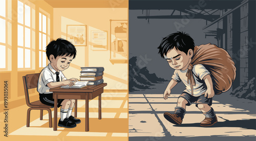 Childhood inequality is depicted through a split composition showing a student studying in a bright classroom versus a young laborer carrying a heavy sack on his back.