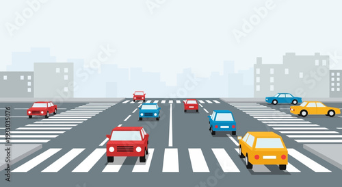 City traffic, cars on road, crosswalk, urban street scene, cityscape background, transportation
