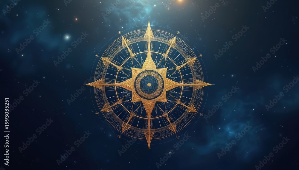 Fototapeta premium Golden compass mandala graphic on starry night sky background. Intricate geometric design represents navigation direction. Spiritual symbol for life path guidance.