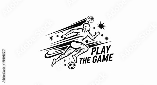 Dynamic black and white illustration of athlete in motion with sports balls and stars
