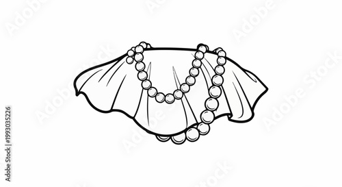 Delicate pearl necklace draped over a flowing, scalloped garment