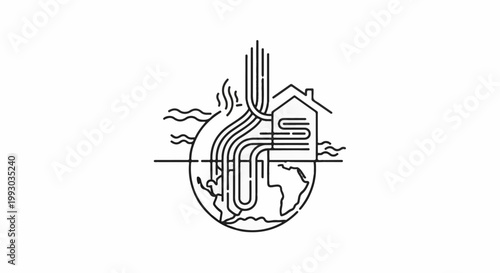 Eco-friendly heating system illustration connecting a house to the planet's core