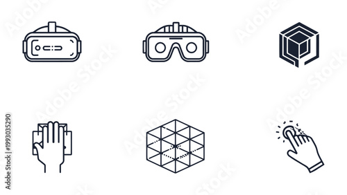 VR Technology Icon Set: A selection of stylish, minimalist icons representing virtual reality technology and its associated concepts, perfect for digital design and tech-related projects.