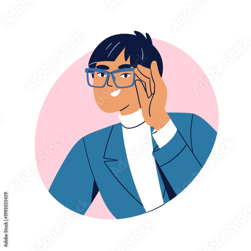 Man in eye glasses, face avatar. Male adjusting, touching spectacles, stylish eyeglasses, head portrait. Person in eyewear, specs in modern style. Flat vector illustration isolated on white background
