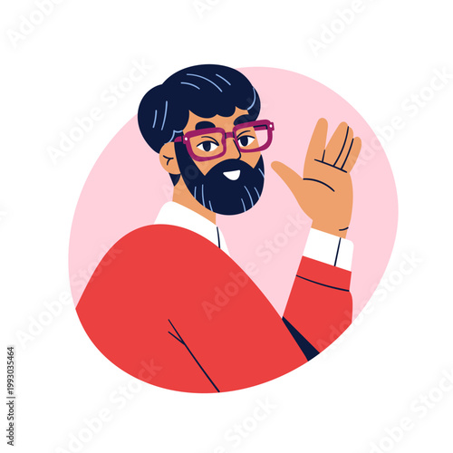 Happy smiling man in eye glasses, greeting gesture with hand, avatar. Male in...