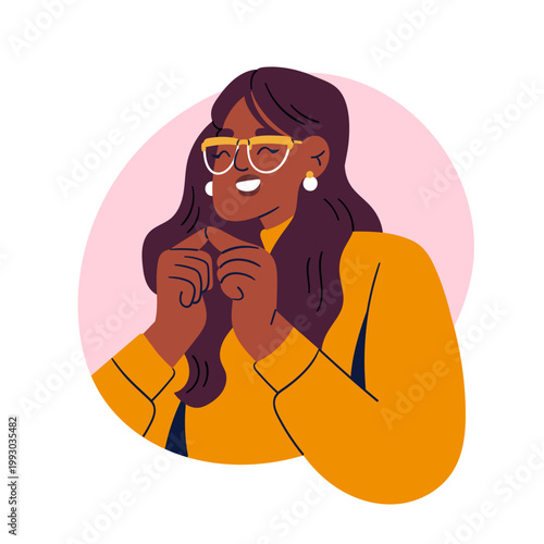 Happy smiling black woman making wish with eyes closed. Anticipation and joy ...