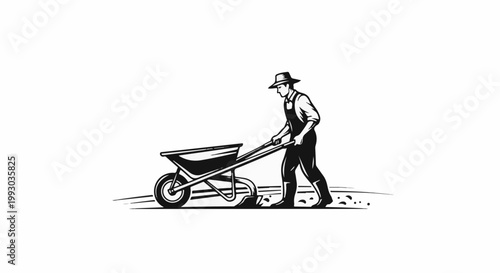 Farmer with wheelbarrow, working in fields