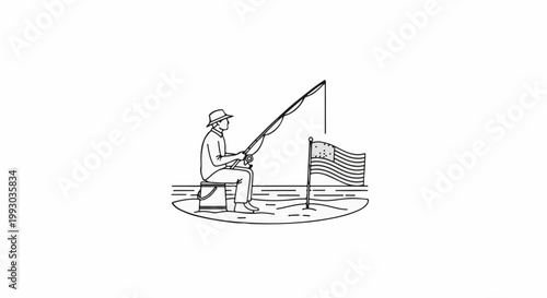 Fisherman with rod and line casts near an American flag on the water