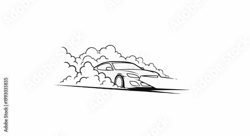 Dynamic line art of a sports car performing a drift, kicking up clouds of smoke