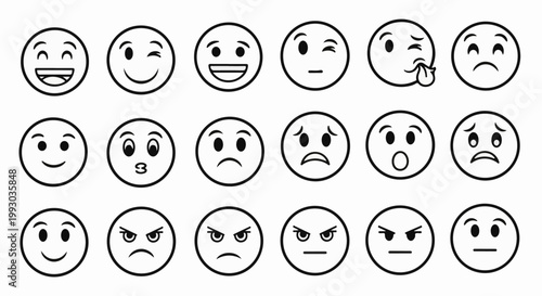 Collection of various black and white emoji faces expressing different emotions