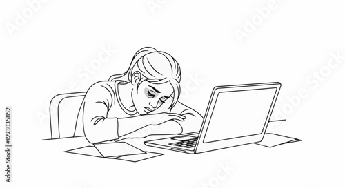 Exhausted person with dark circles under eyes rests head on desk near laptop