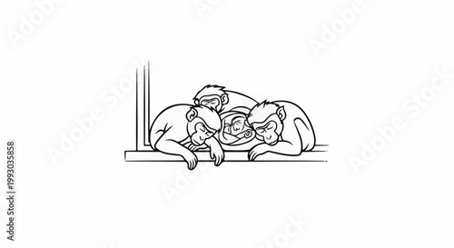 Four chimpanzees cuddled together, sleeping peacefully in a close embrace