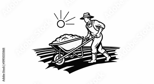 Farmer with wheelbarrow pushing load under sun